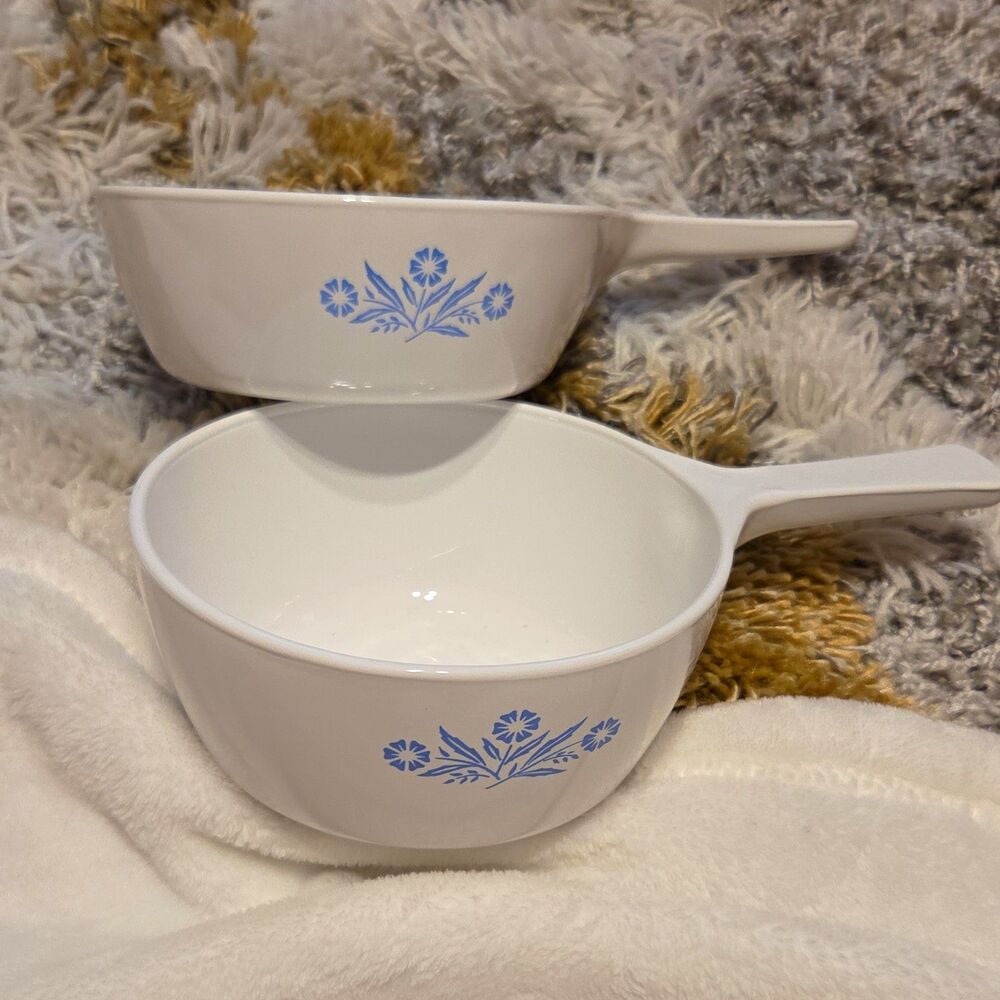 Vnt Corelle Blue Floral Handled Soup Bowls 2-Piece Set P-80 6in White/Blue